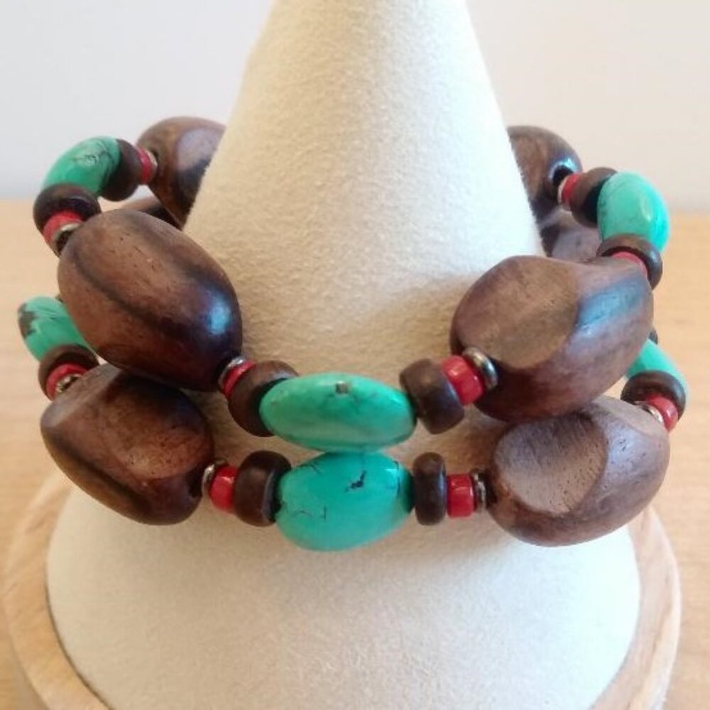 Sterling Silver Clasp Stretch Bracelet with Wood & Turquoise Beads